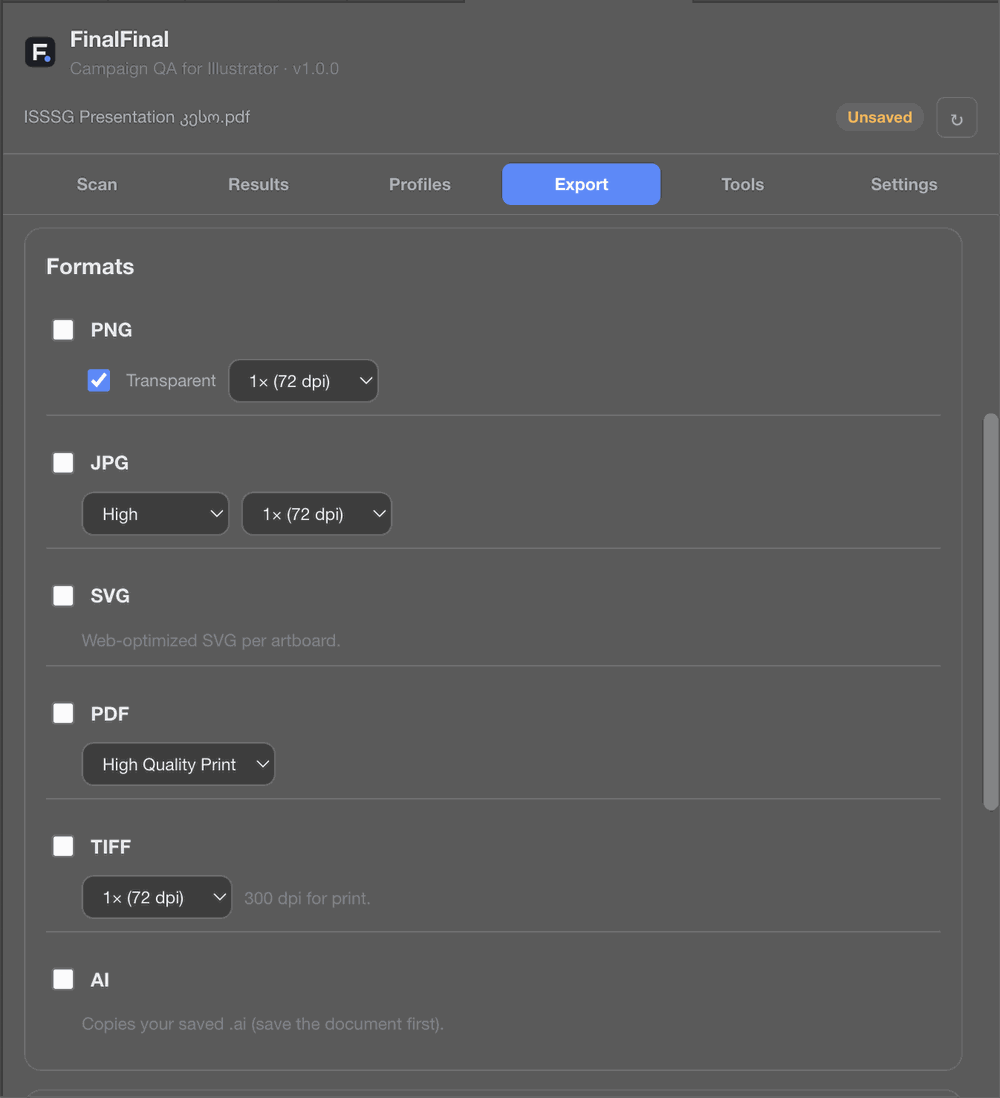 FinalFinal Export tab showing PNG, JPG, SVG, PDF, TIFF, and AI export options.